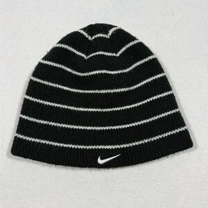 Nike Youth Black  & White Striped Logo Beanie One Size